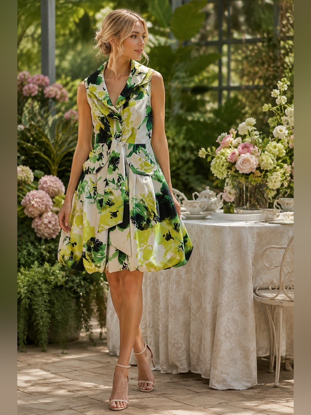 Samuel Dong Green Floral Tie Neck Bubble Hem Sleeveless Dress Size S Garden